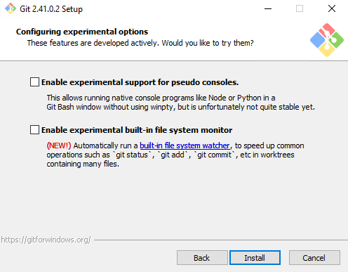 Экспериментальные опции - Установка Git на Windows Server