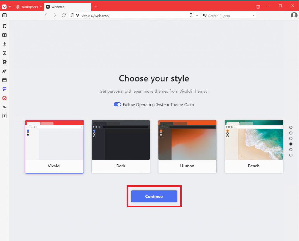 Выбор темы Vivaldi Browser