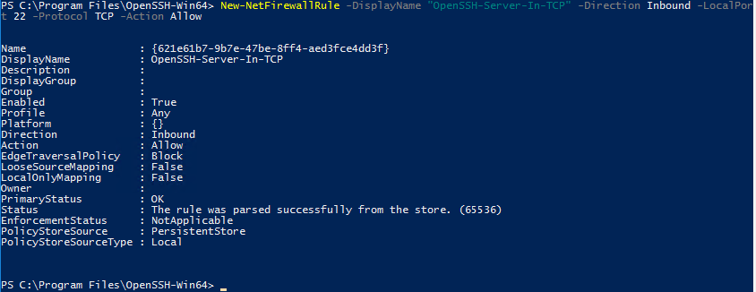 Открытие доступа для SSH в Windows Firewall