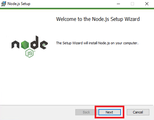 Стартовое окно установщика Node.js
