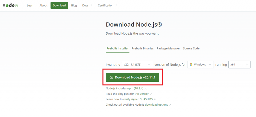 Страница загрузки дистрибутива Node.js