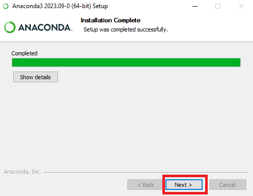 Сообщение об успешном завершении установки Anaconda