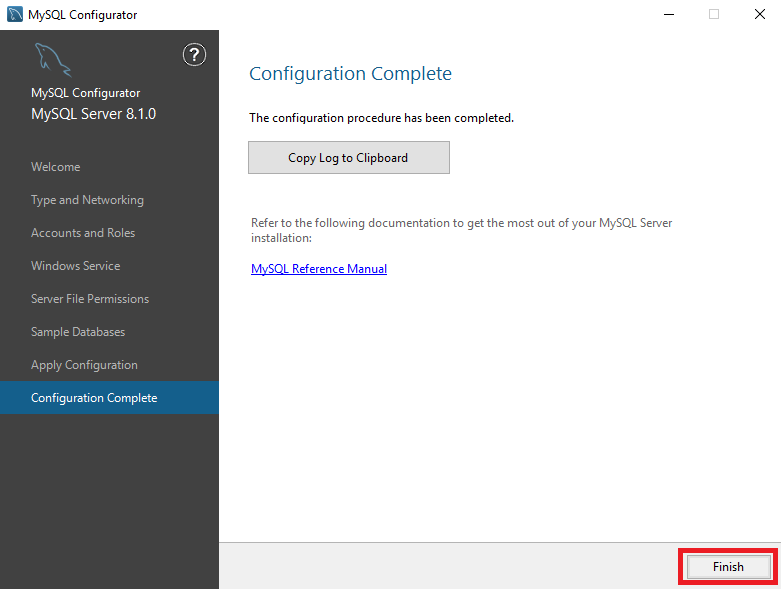 Завершение работы конфигуратора - Установка MySQL на Windows Server