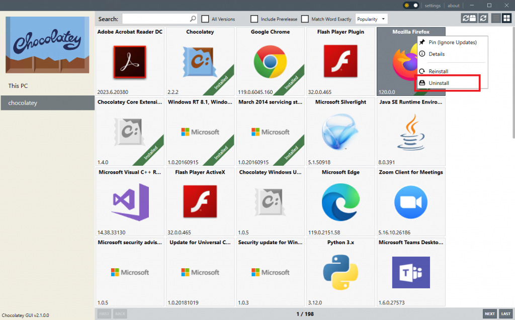Удаление приложения в Chocolatey GUI