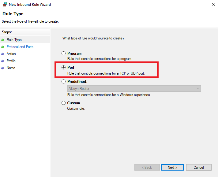 Стартовое окно мастера создания нового правила в брандмауэре Windows