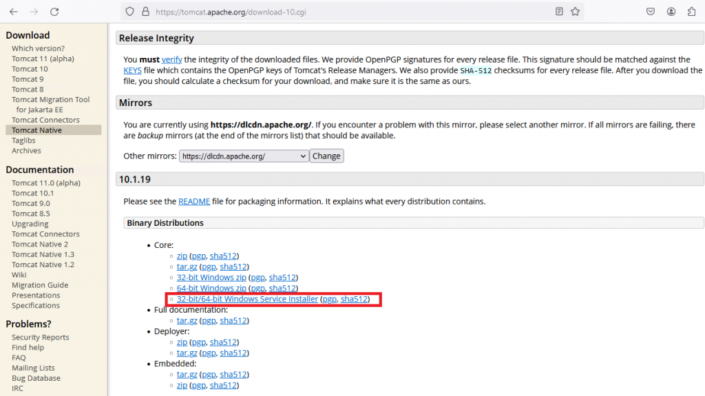 Загрузка установщика Apache Tomcat