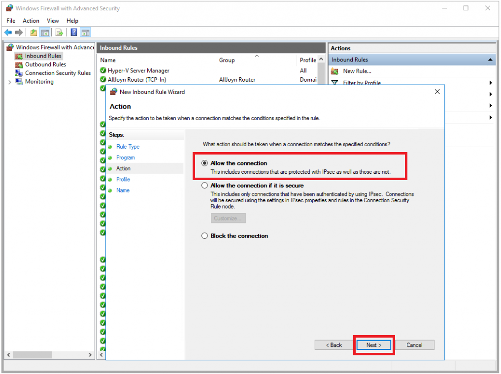 Allow the connection - Как запустить Nginx на Windows Server