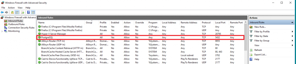 Монитор брандмауэра Windows - Настроить удалённое подключение к PostgreSQL
