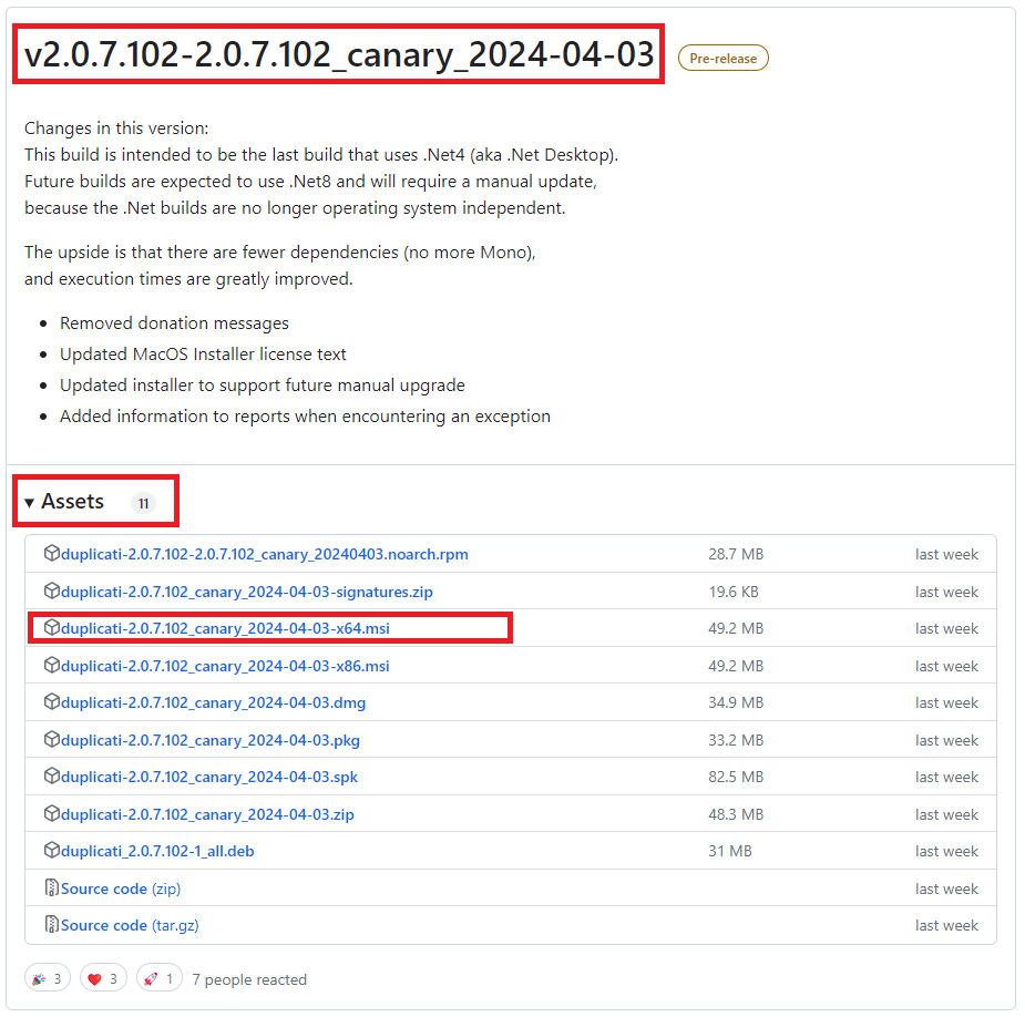 Выбор версии Duplicati для установки