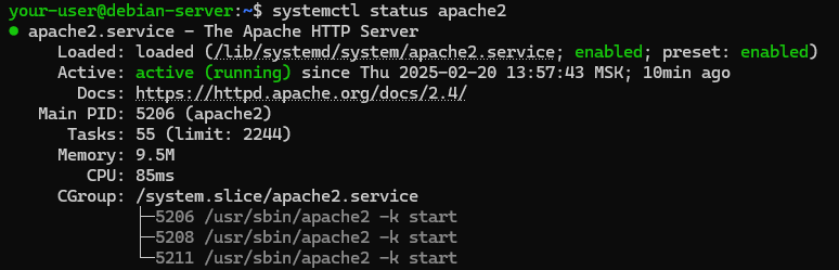 Вывод состояния службы apache2