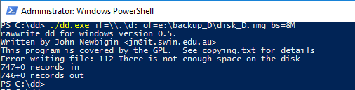 Вывод команды ./dd.exe if=\\.\d: of=e:\backup_D\disk_D.img bs=8M