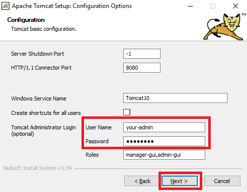 Ввод имени и пароля администратора Apache Tomcat