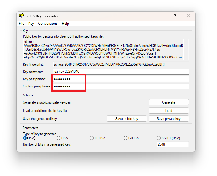 Установка passphrase при создании SSH-ключей в PuTTY