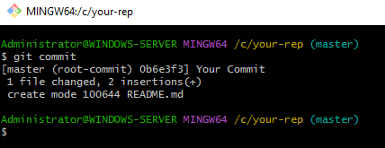 Результат выполнения команды git commit - Установка Git на Windows Server