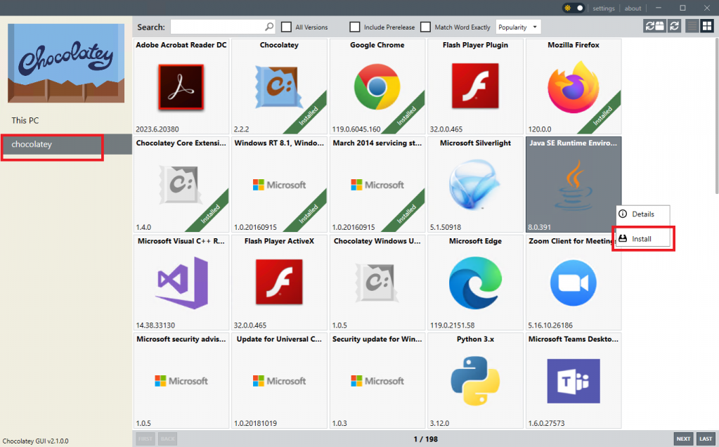 Установка приложения в Chocolatey GUI