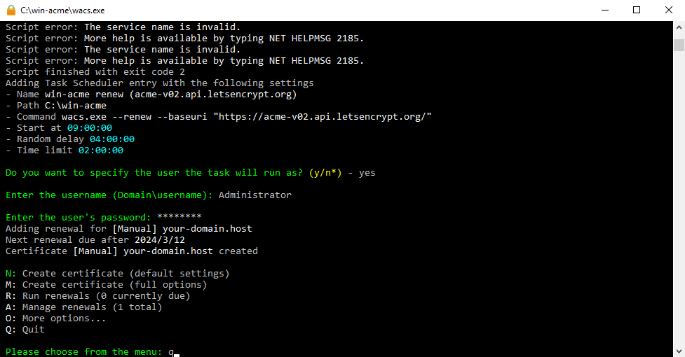 Выход из утилиты WACS - Как установить SSL-сертификат Lets Encrypt на Apache