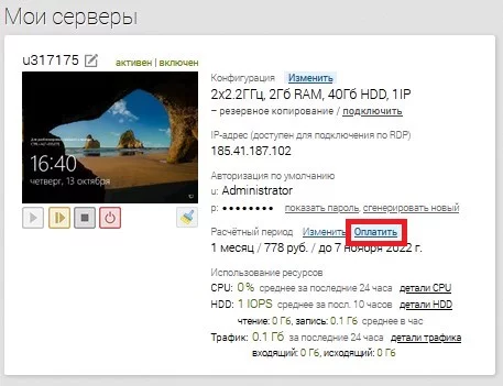 Окно сервера в личном кабинете