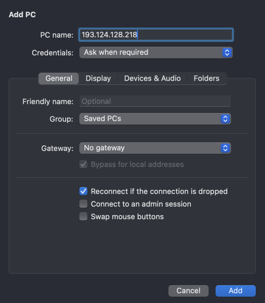 IP-адрес сервера при подключении по RDP из-под MacOS