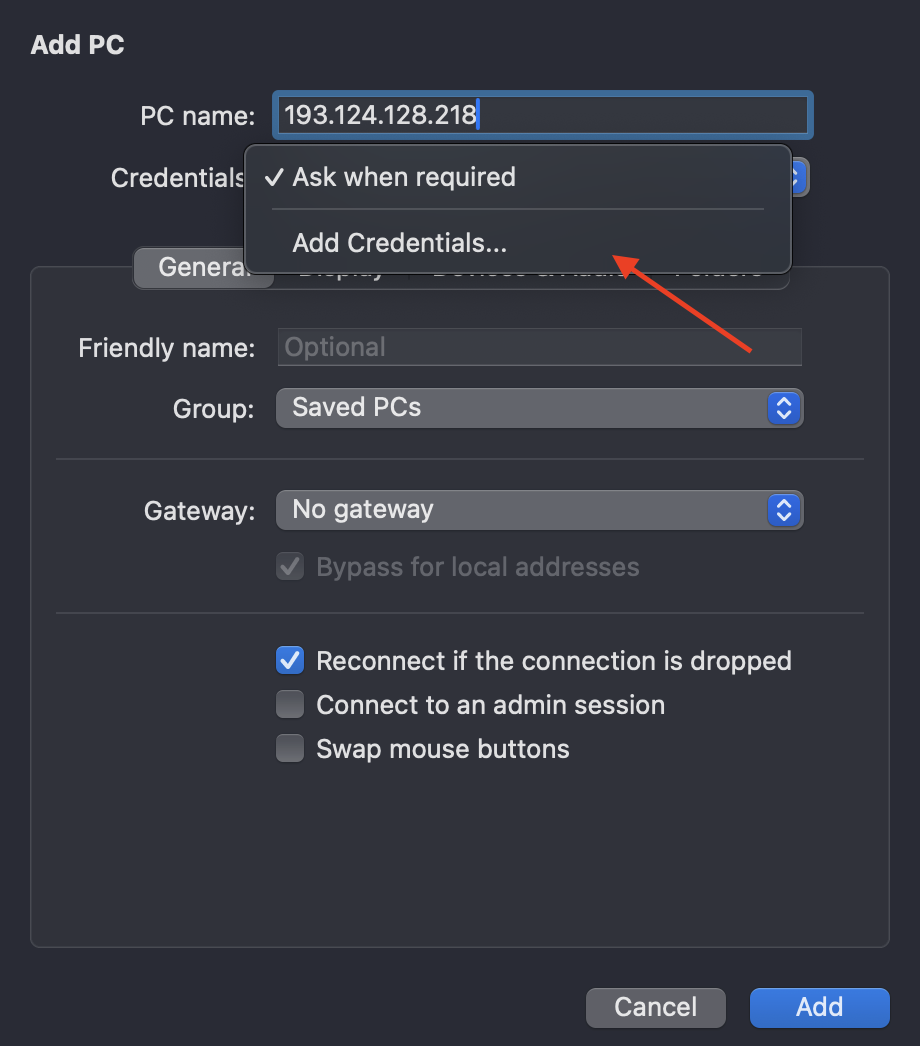 Добавление учётной записи для подключения по RDP из-под MacOS
