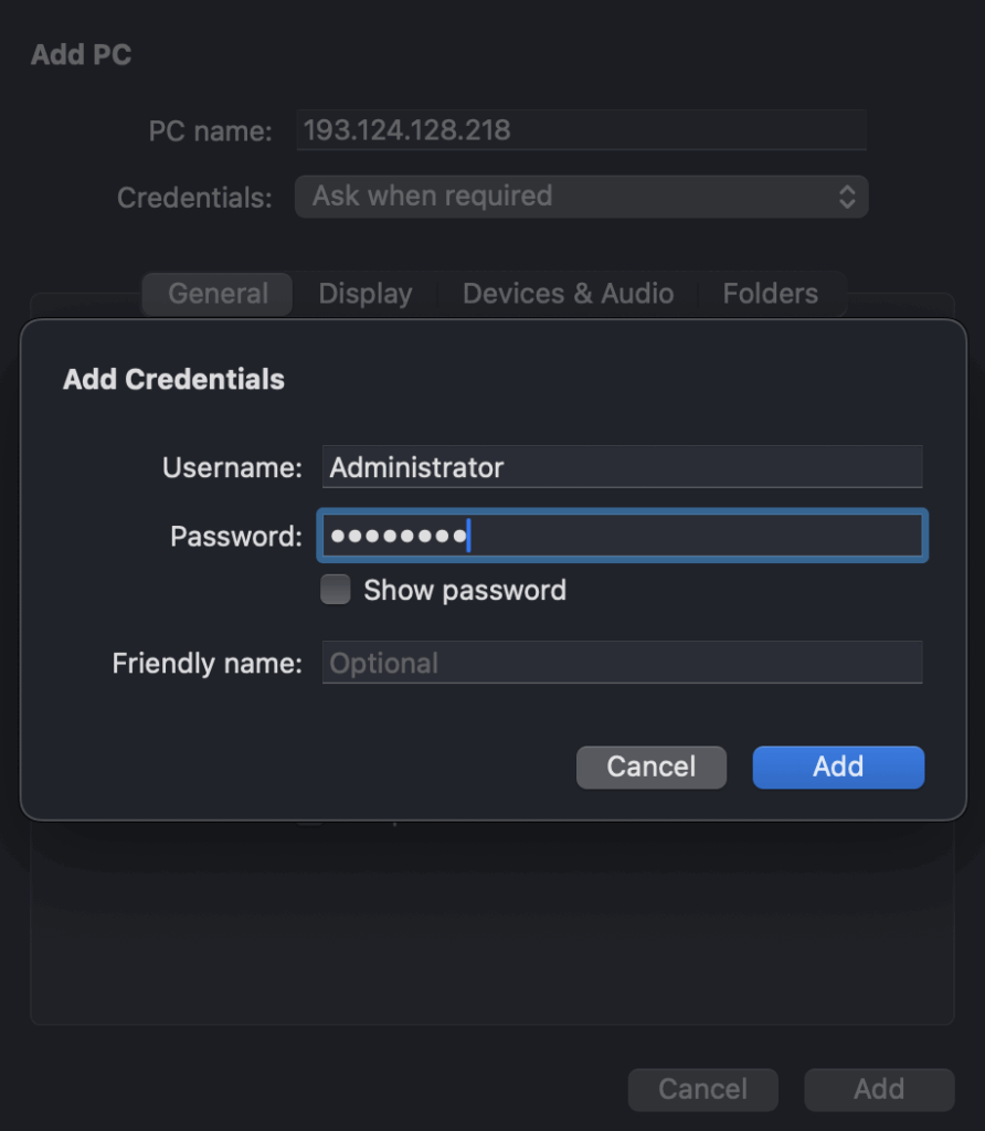 Добавление учётной записи для подключения по RDP из-под MacOS