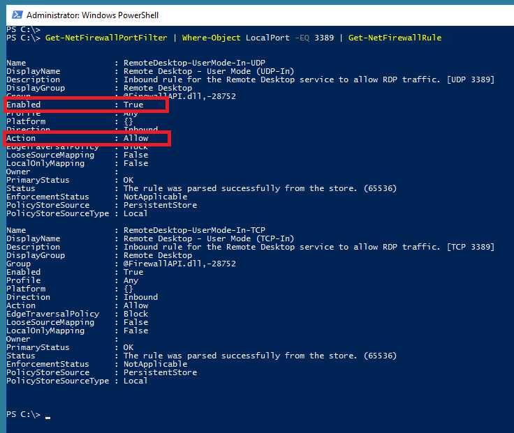 Проверка правил для порта 3389 через Windows PowerShell