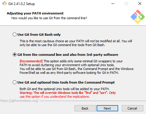 Выбор способа использования Git - Установка Git на Windows Server