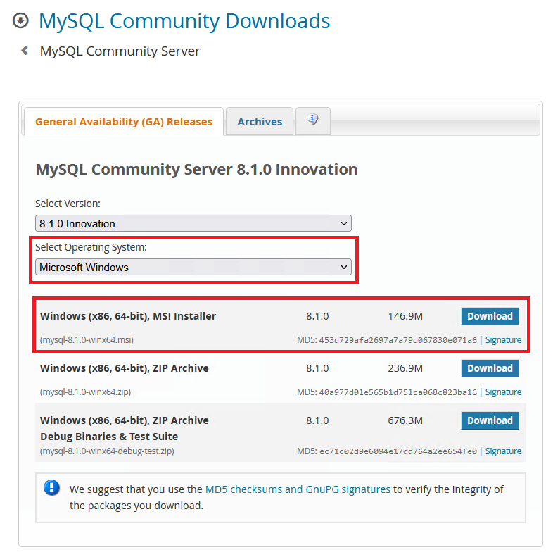 Страница загрузки инсталлера MySQL