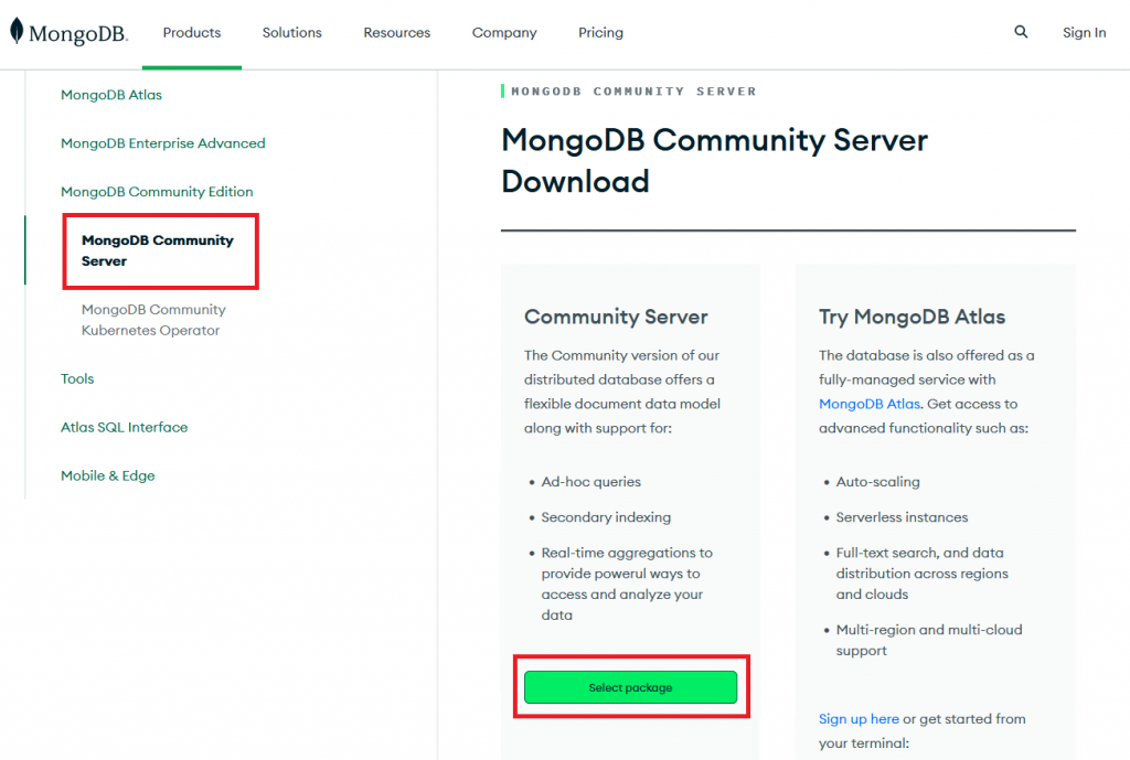 Страница загрузки MongoDB