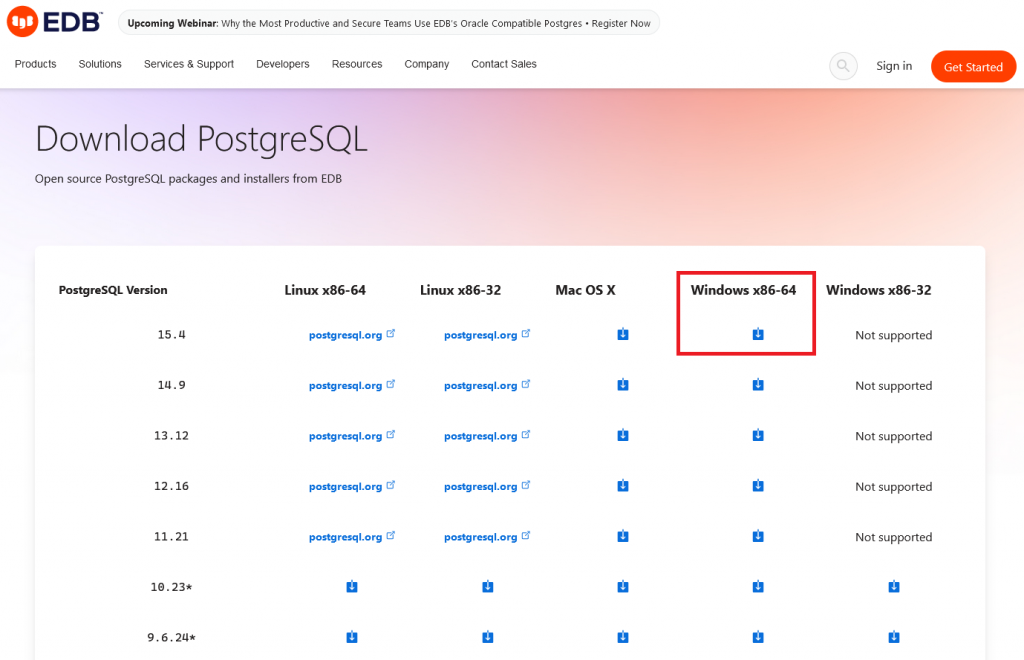 Страница загрузки PostgreSQL