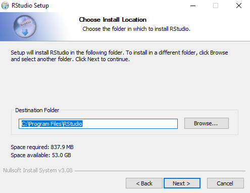 Выбор каталога установки RStudio