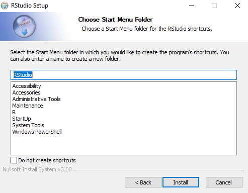 Выбор папки стартового меню при установке RStudio