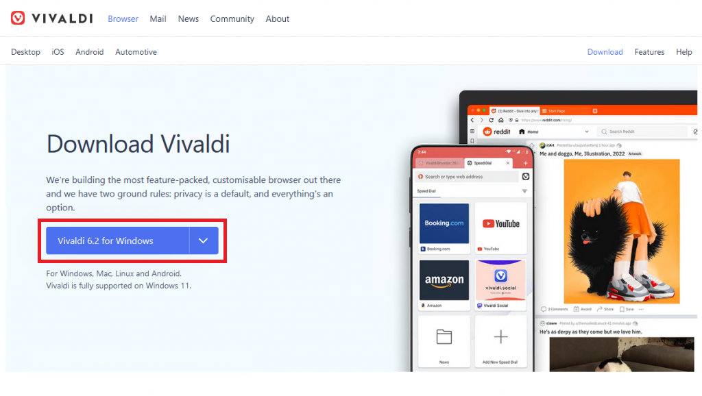 Страница загрузки Vivaldi Browser