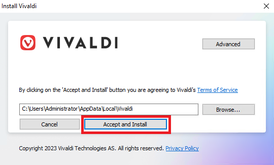 Запуск установки Vivaldi Browser