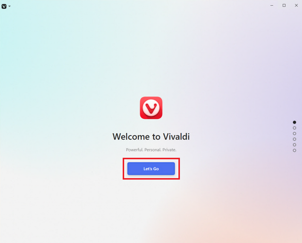 Стартовое окно первоначальной настройки Vivaldi Browser