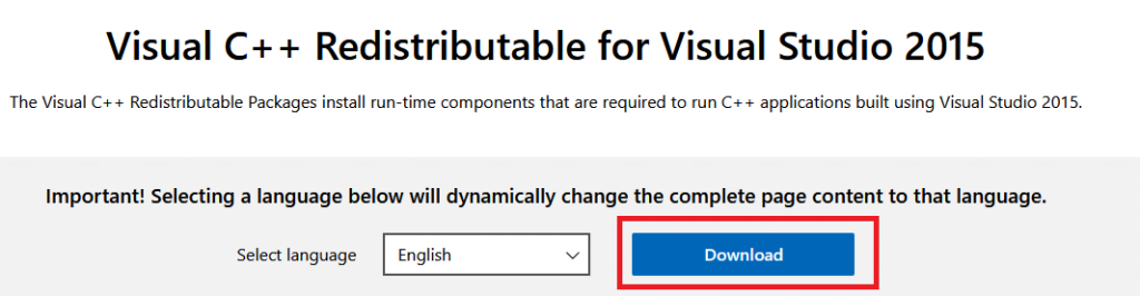 Загрузка Visual C++ Redistributable for Visual Studio 2015