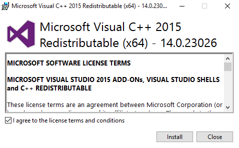 Установка Visual C++ Redistributable for Visual Studio 2015