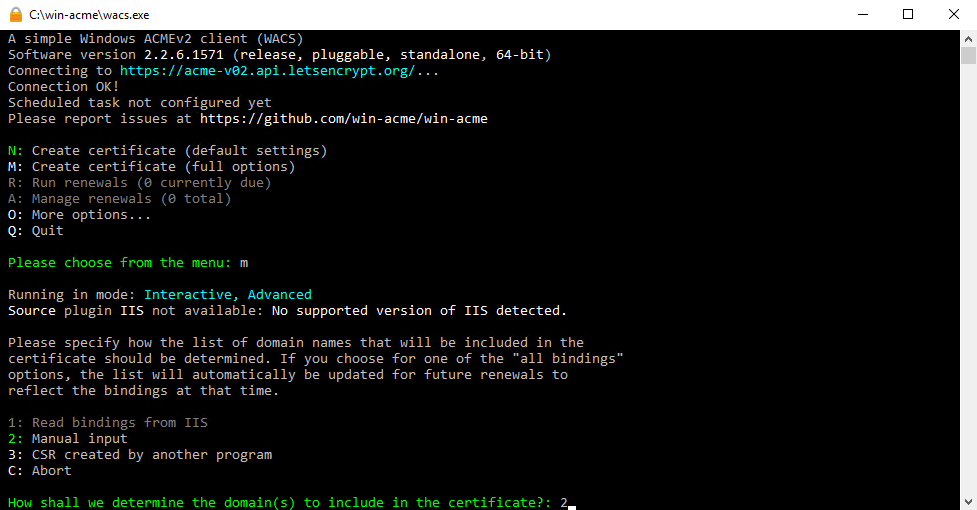 Ввод пункта 2: Manual input - Как установить SSL-сертификат Lets Encrypt на Apache