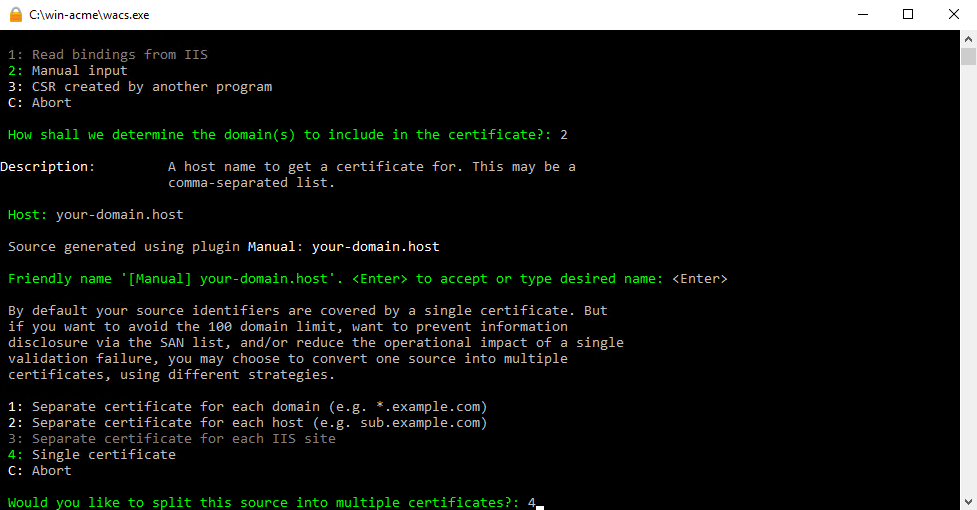 Выбор пункта 4: Single certificate - Как установить SSL-сертификат Lets Encrypt на Apache