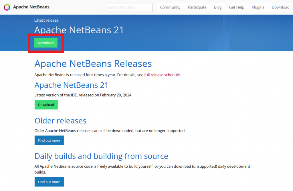 Страница загрузки дистрибутива Apache NetBeans