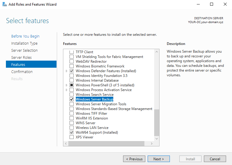 Установка компоненты Windows Server Backup