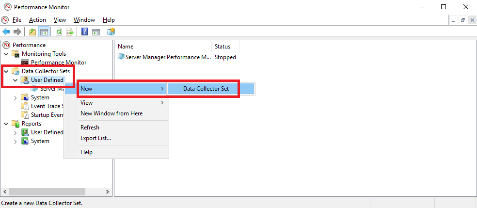 Создание нового набора сборщиков данных в Performance Monitor