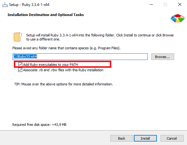 Каталог установки Ruby и опция Add Ruby executables to your PATH