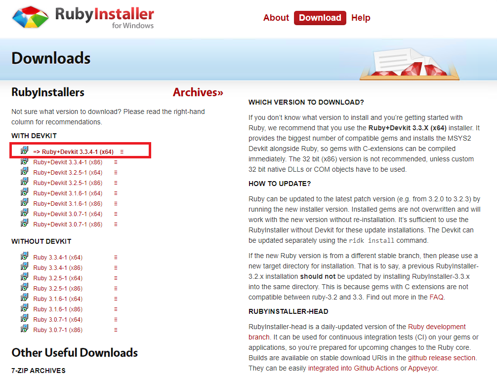 Страница загрузки Ruby - Как установить Ruby на Windows Server