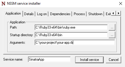 Установка новой службы SinatraApp - Как установить Sinatra на Windows Server