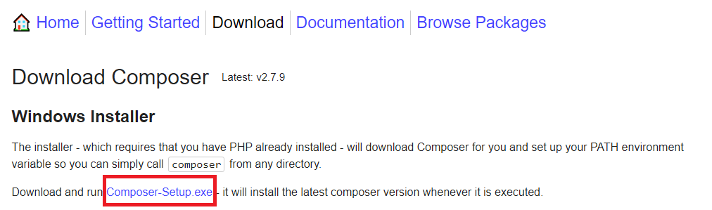 Страница загрузки Composer - Как установить Composer на Windows Server