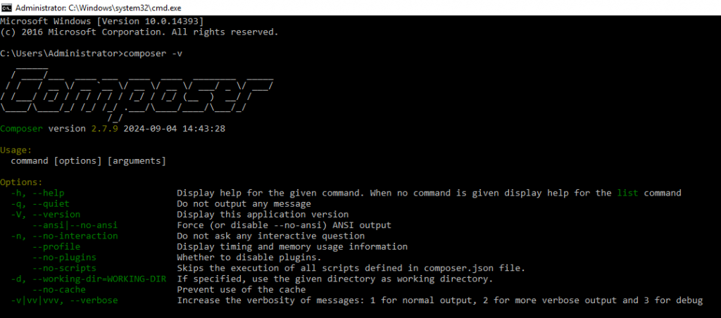 Вывод команды composer -v - Как установить Composer на Windows Server