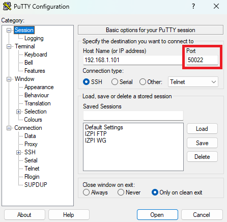 Изменение порта в PuTTY - Дополнительные настройки безопасности