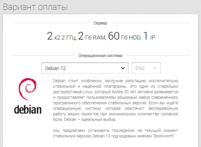 Выбор операционной системы пори заказа виртуального сервера - Первоначальная настройка Debian