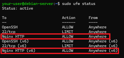 Состояние брандмауэра UFW - Настройка виртуального хоста Nginx