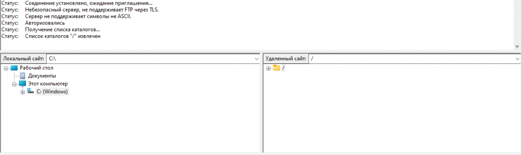 Разделы интерфейса FileZilla при подключении к FTP-серверу